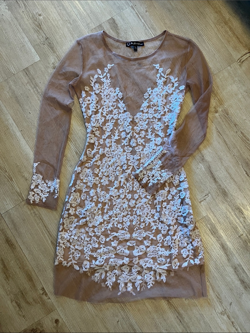 For Love And Lemons Taupe Mesh Dress with Ivory Lace Appliqué Large